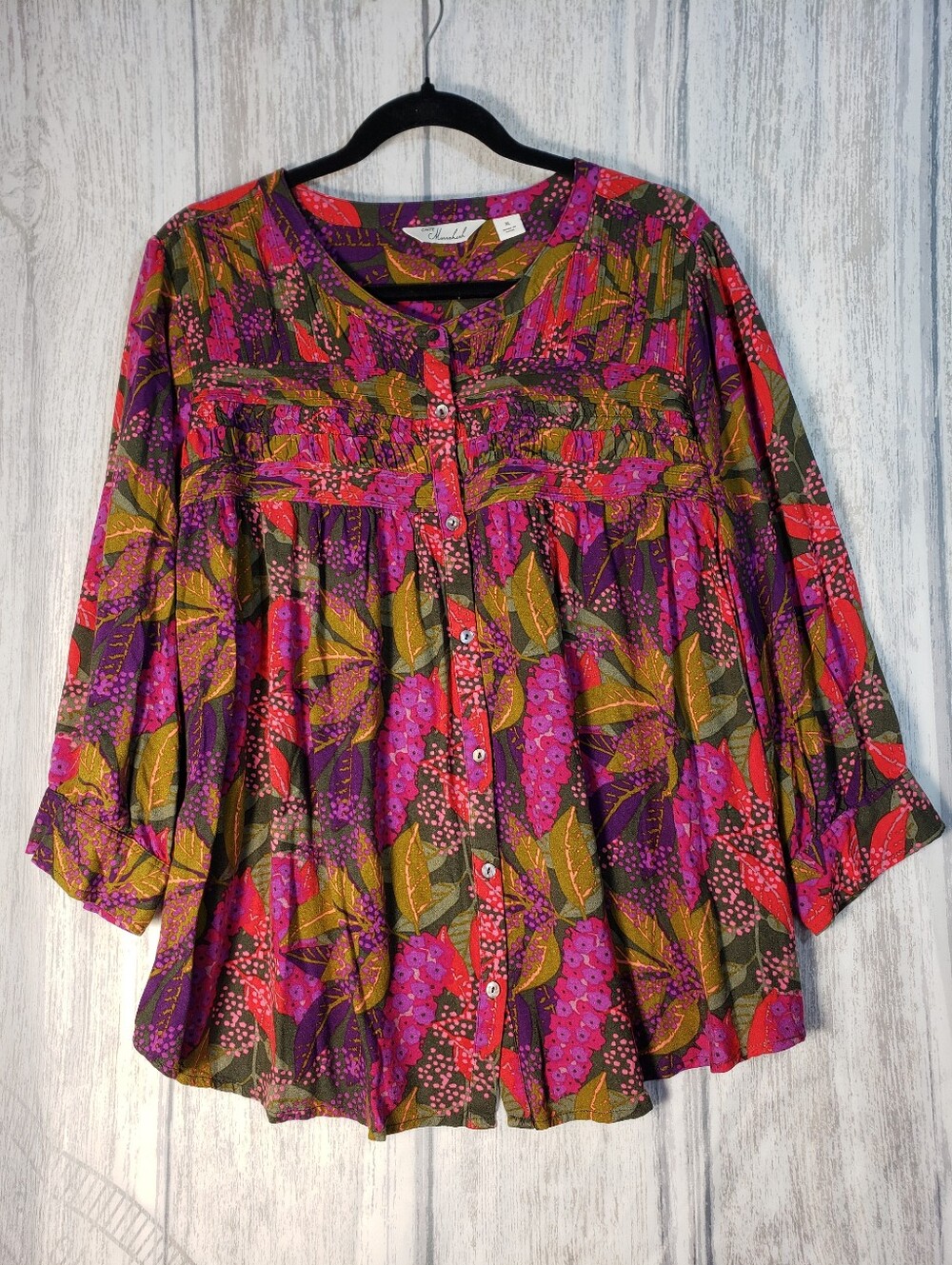 Caffé Marrakesh vibrant botanical pintuck peasant blouse Size XL